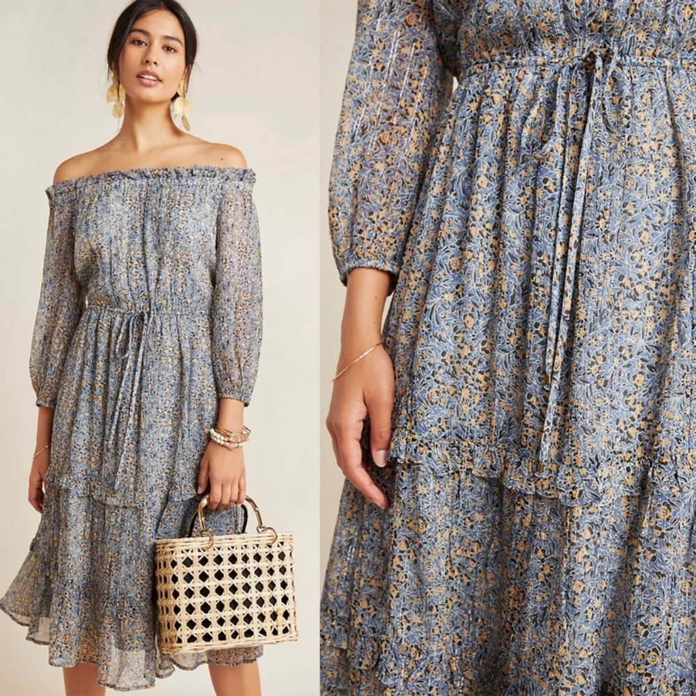 Anthropologie Kira Off-The-Shoulder Peasant Boho Dress Blue Size 4 NWOT